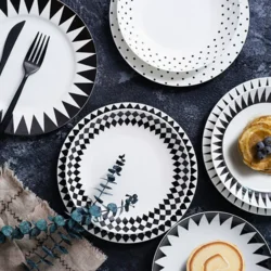 Керамічна тарілка у скандинавському стилі з геометричним орнаментом чорно-біла, 7 видів