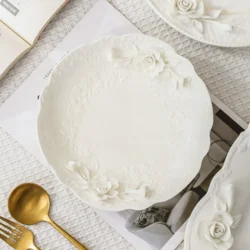 Керамічна глибока тарілка з рельєфним квітковим орнаментом, європейський стиль ручної роботи 21 см