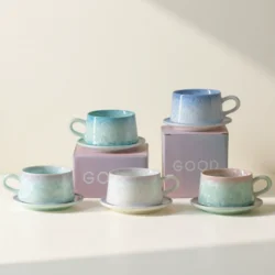 Кавова чашка «Crystal Glaze» з блюдцем та ложкою, подарунковий набір у скандинавському стилі