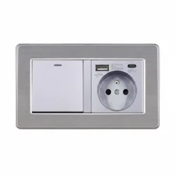 Розетка з вимикачем світла з USB-A + Type-C EIOMR, сіра матова, європейський стандарт, 16A