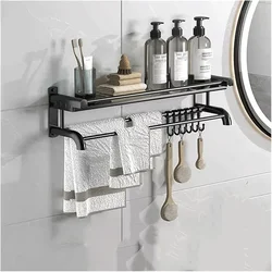 Настінна полиця для ванної з тримачем для рушників та гачками 40–80 см, чорна