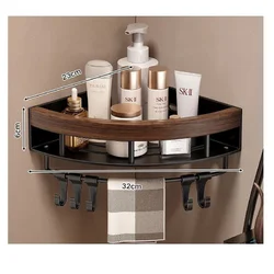 Кутова полиця для ванної кімнати 32×23×6см з нержавіючої сталі, трикутна, чорна або біла, з гачками або без