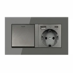 Розетка з вимикачем світла з USB-A + Type-C EIOMR, темно сіра матова, європейський стандарт, 16A