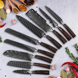 9 ножів з дамаської сталі з лазерним візерунком