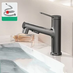 Змішувач для умивальника P1401, латунний корпус, 3 виходи (під фільтр), висувний, gunmetal (сірий метал)