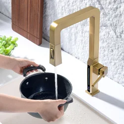 Квадратний висувний кухонний змішувач з дисплеєм температури, 360°, латунний