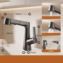 Змішувач для умивальника висувний TONG-1004, латунь, підйомний, 2 режими, темно-сірий без висувного шлангу