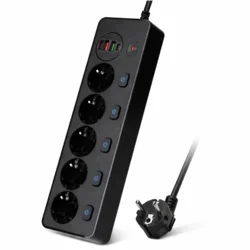 Мережевий фільтр-подовжувач на 5 розеток з USB та швидкою зарядкою PD20W, чорний