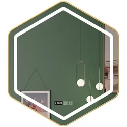 Шестикутне LED дзеркало у ванну 70×64 см | Подвійне сенсорне керування | Три режими світла | Антизапотівання | Годинник та температура