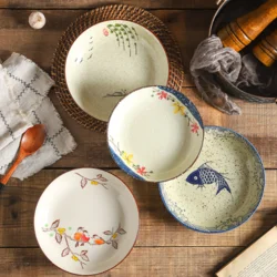 Керамічна глибока тарілка у ретро-стилі з рослинним декором, 18 см