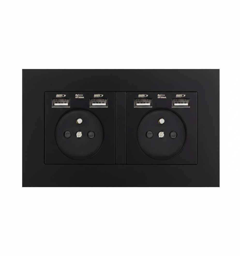Розетка подвійна з додатковими чотири USB-порти EIOMR, чорна матова, європейський стандарт, 16A