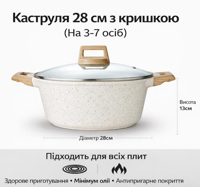 Каструля з антипригарним покриттям з кришкою 28 см