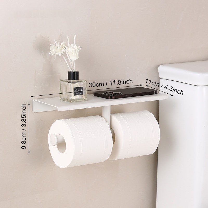 Подвійний тримач для туалетного паперу з полицею 30 см, настінний, металевий, чорний/білий/сірий
