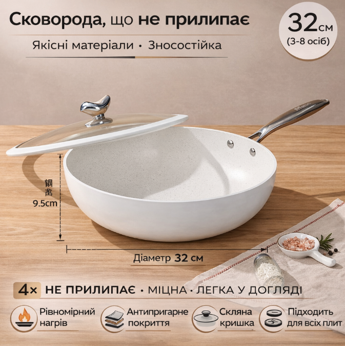 Сковорода Mingjue з антипригарним покриттям, 32 см, скляна кришка