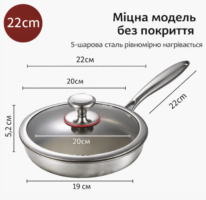 Сковорода з титановим покриттям (антипригарна, багатошарове дно) 22 см