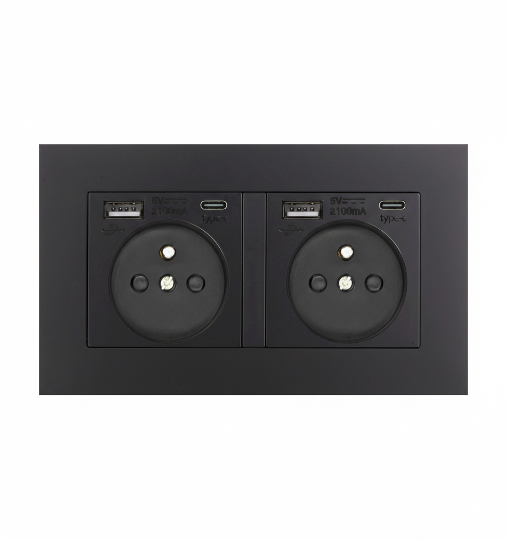 Розетка подвійна з двома USB-A + два порти Type-C EIOMR, чорна матова, європейський стандарт, 16A