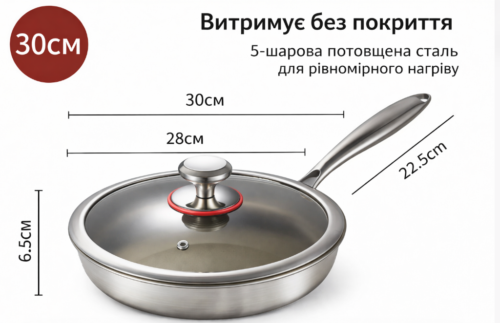 Сковорода з титановим покриттям (антипригарна, багатошарове дно) 30 см