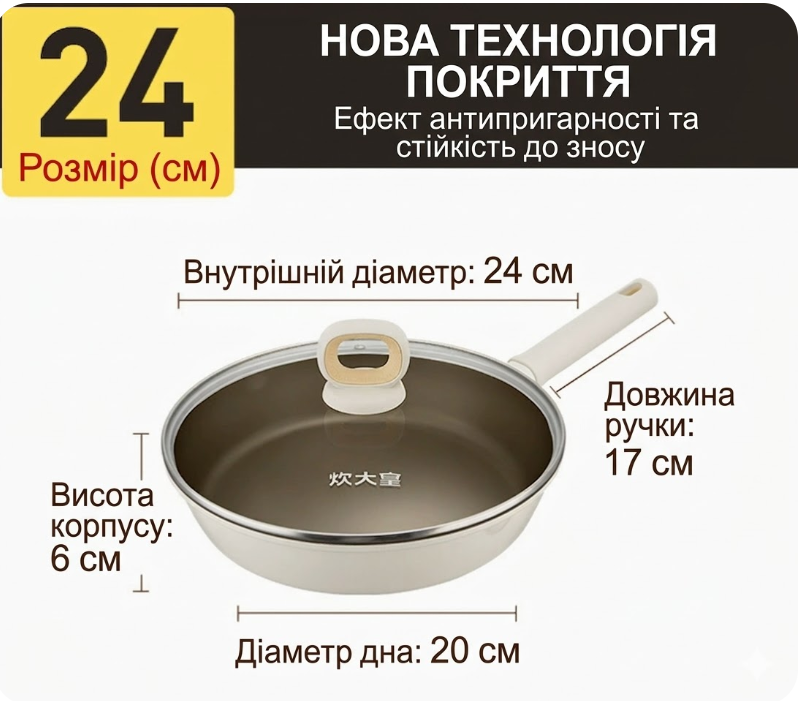 Антипригарна сковорода з титановим покриттям (з кришкою) 24 см