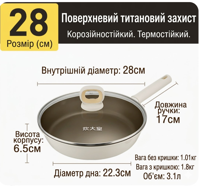 Антипригарна сковорода з титановим покриттям (з кришкою) 28 см