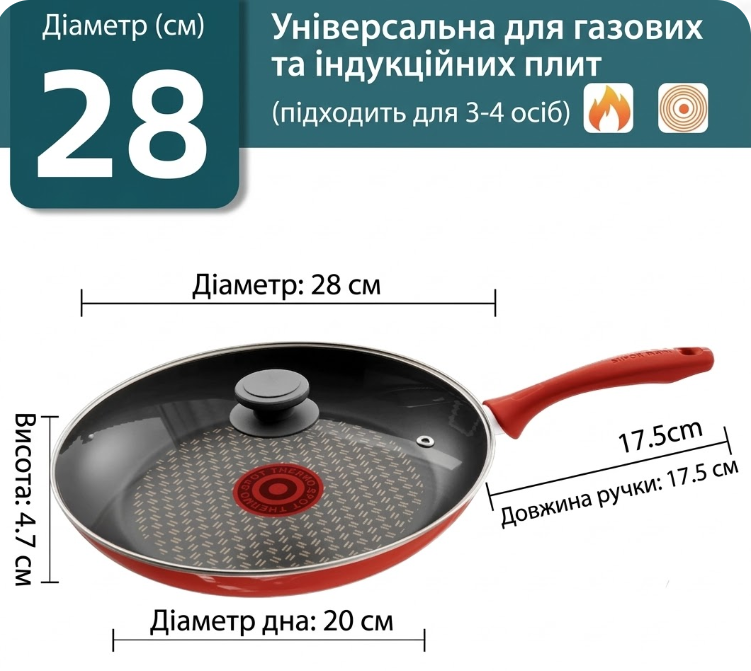 Сковорода SUPOR Fiery Red Dot з антипригарним покриттям 28 см, з кришкою