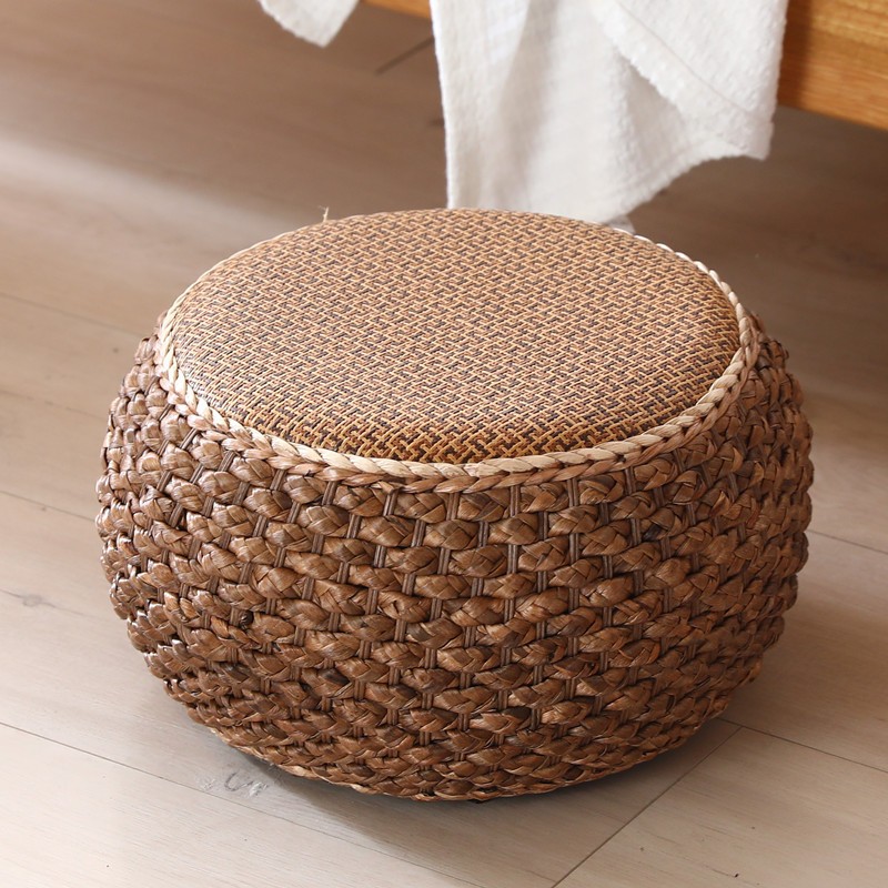Плетений пуф з ротанга круглий, 41×41×22 см, натуральний, низький табурет для дому