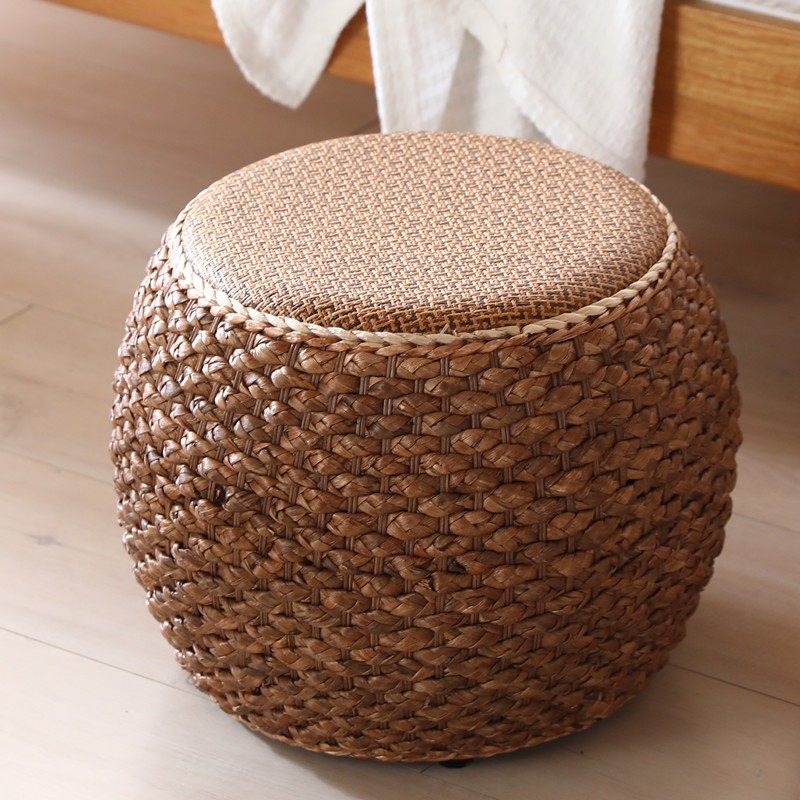 Плетений пуф з ротанга круглий, 41×41×32 см, натуральний, низький табурет для дому
