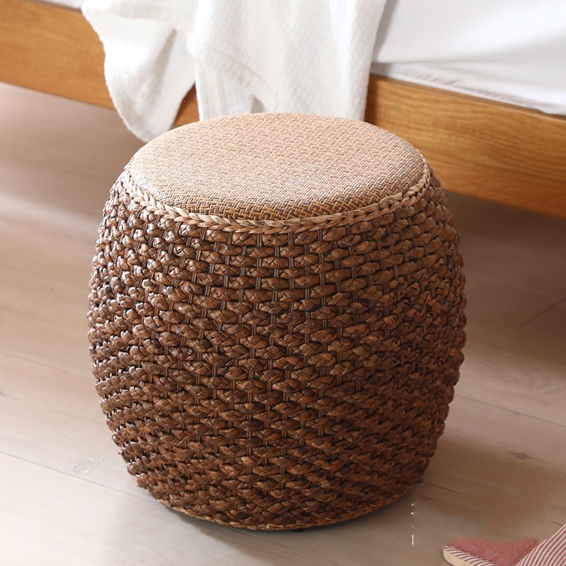 Плетений пуф з ротанга круглий, 41×41×37 см, натуральний, низький табурет для дому
