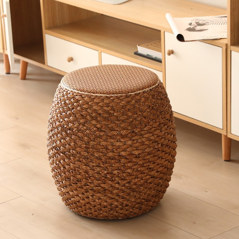 Плетений пуф з ротанга круглий, 41×41×42 см, натуральний, низький табурет для дому