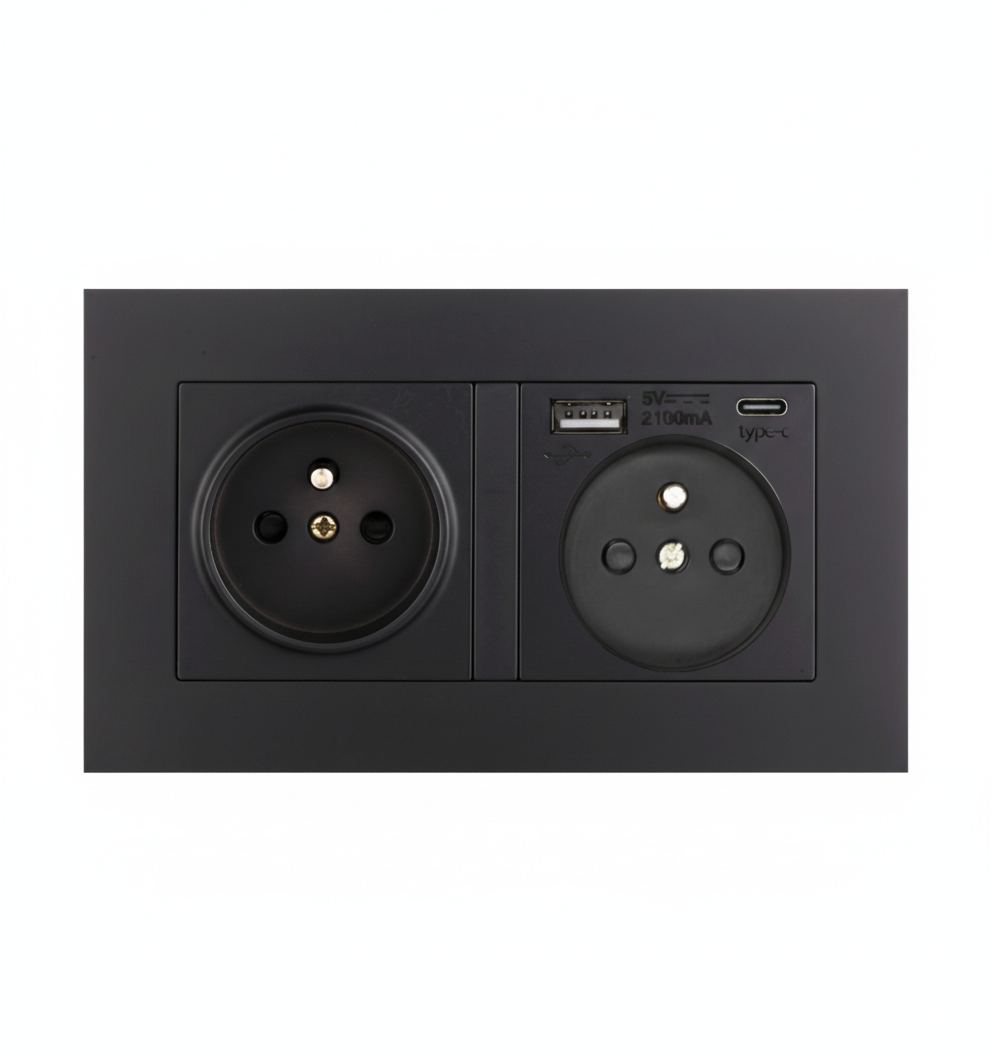Розетка подвійна з USB-A + Type-C EIOMR, чорна матова, європейський стандарт, 16A