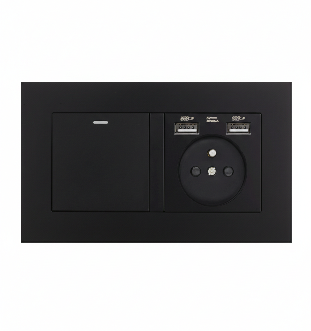 Розетка з вимикачем світла з двома портами USB-A EIOMR, чорна матова, європейський стандарт, 16A