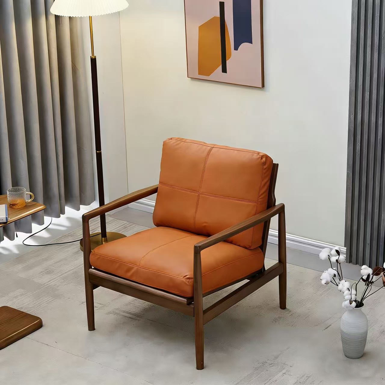 Крісло для вітальні, скандинавський стиль, масив горіху, екошкіра