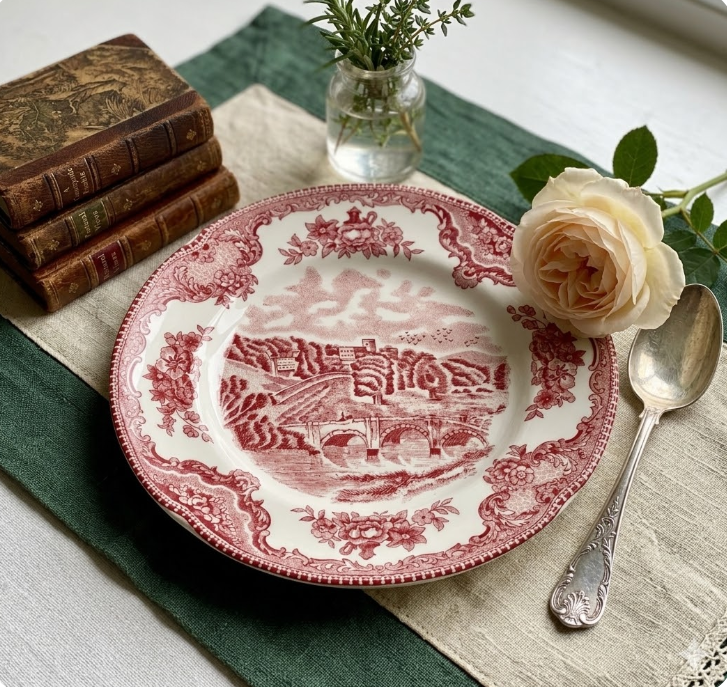 Керамічна тарілка 16 см, класична плоска, біла з червоним малюнком