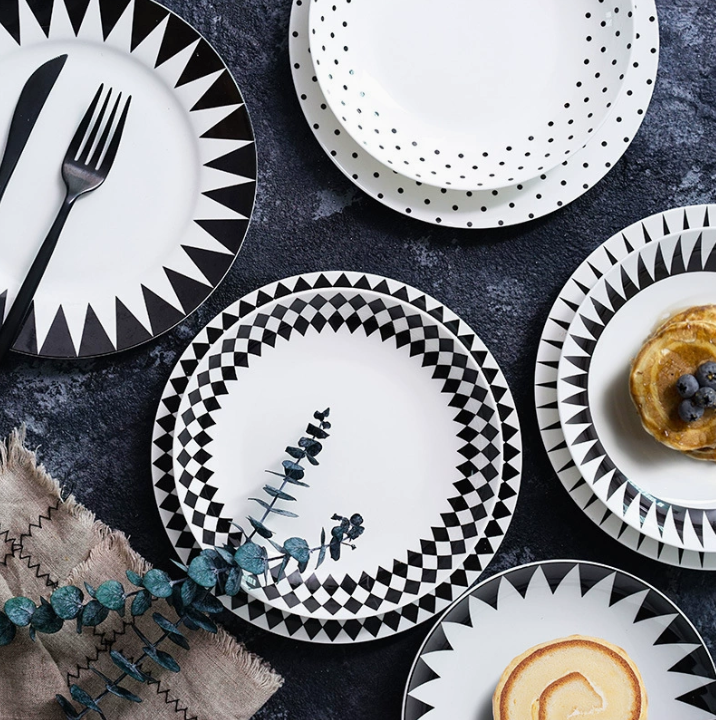 Керамічна тарілка у скандинавському стилі з геометричним орнаментом чорно-біла, 7 видів