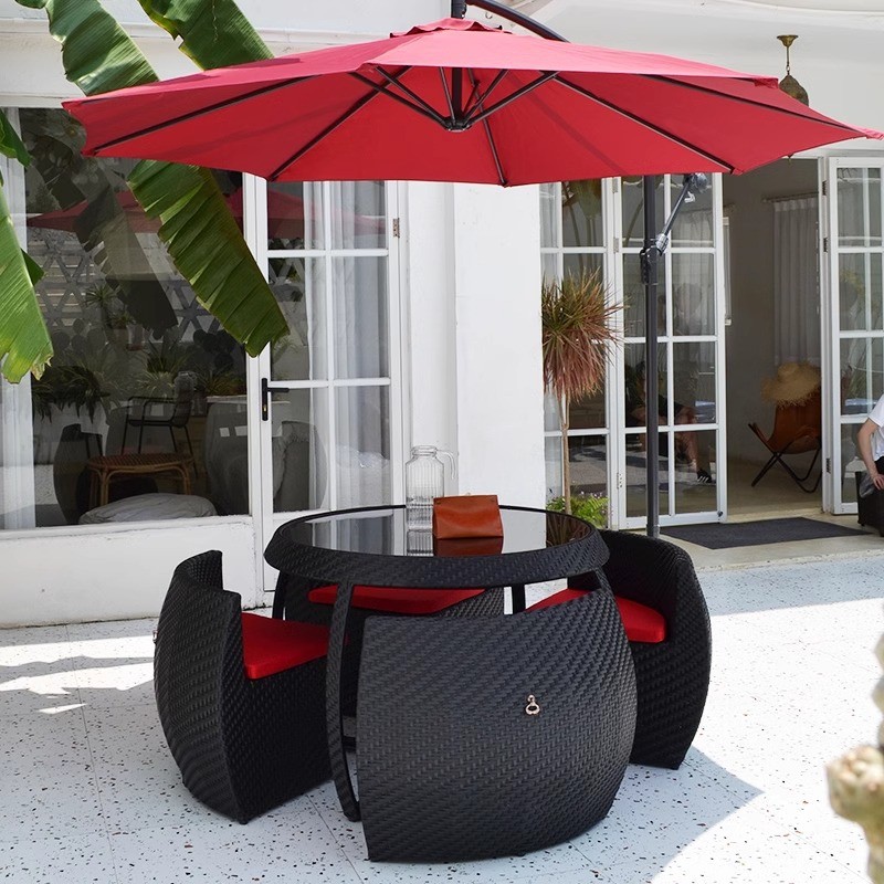 Садовий комплект меблів (стіл + 4 стільці) ротанг, чорний, 120 см, з банановою парасолькою