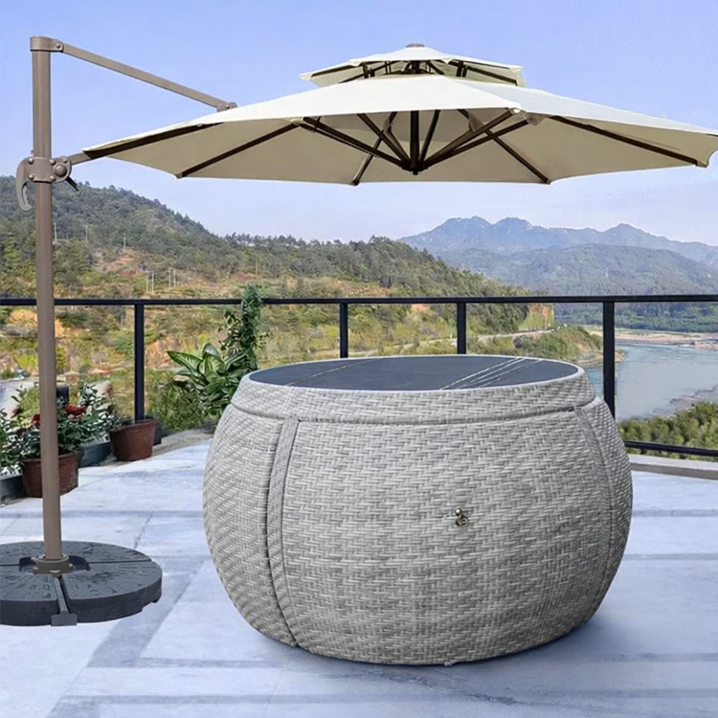 Садовий комплект меблів «Барабан» зі столом, стільцями та римською парасолькою (кам’яна стільниця)