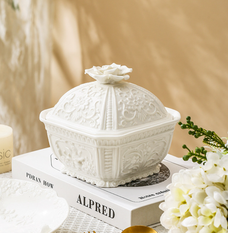 Керамічна цукорниця з рельєфним квітковим орнаментом, європейський стиль ручної роботи 16,5 см