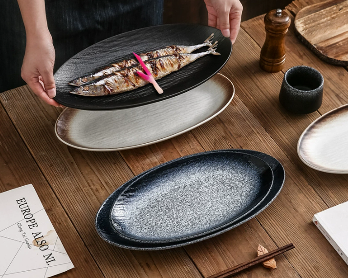 Велика овальна керамічна тарілка для риби японський стиль 35,5 см