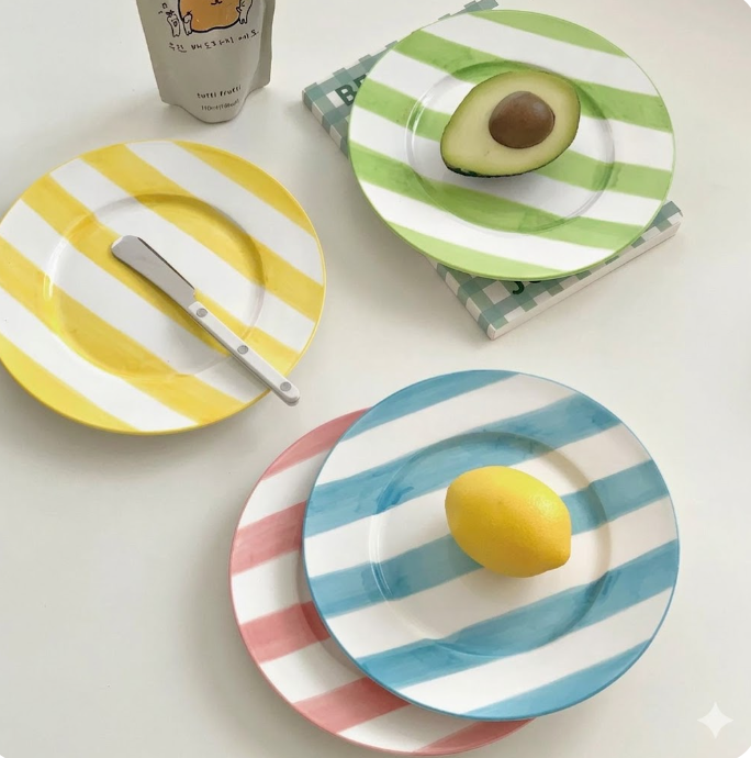 Керамічна десертна тарілка з ручним розписом у смужку