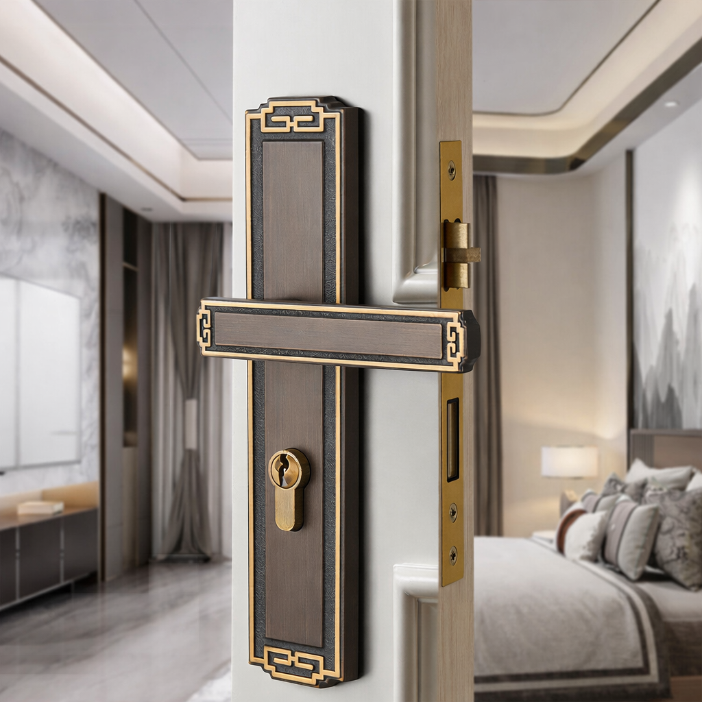 Дверна ручка з замком велика 0315 (мідь, 85 мм, мідь / французька бронза)