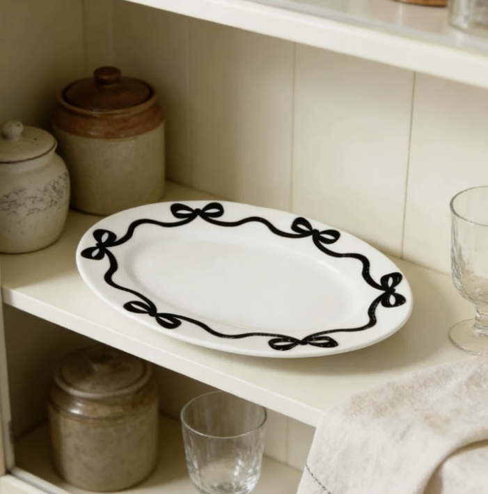 Порцелянова овальна тарілка у французькому стилі з декоративними бантиками 30 см