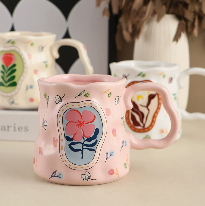 Керамічна рельєфна кружка, 380 мл, у скандинавському стилі з квітковим дизайном