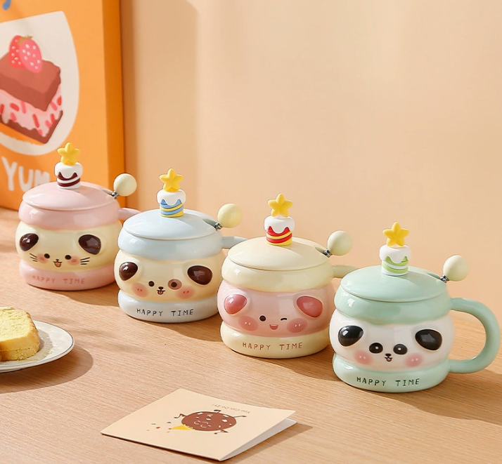 Керамічна кружка з милим тваринним дизайном, з кришкою та ложкою, 420 мл