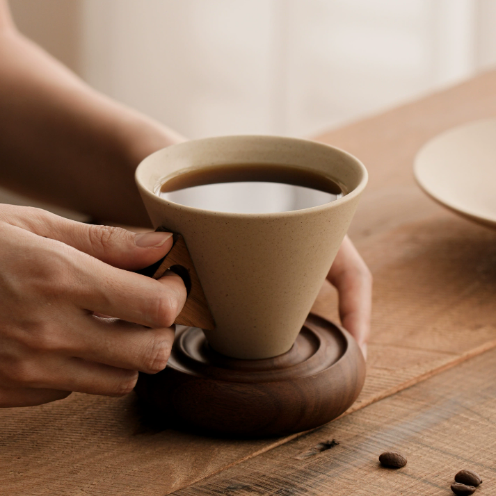 Керамічна кавова чашка у ретро-стилі з бамбуковою підставкою, 180 мл