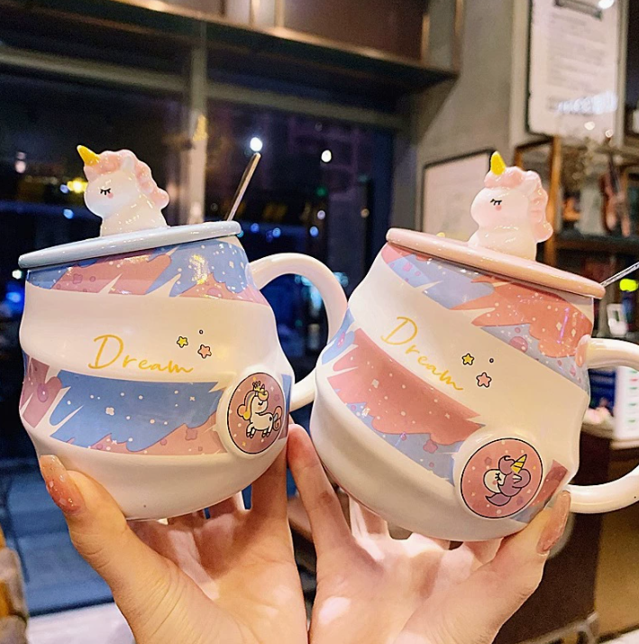 Керамічна кружка з єдинорогом з кришкою та ложкою (480 мл)