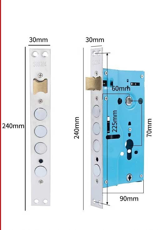 Корпус врізного замка 240×30 мм, нержавіюча сталь (з гачком / без гачка)