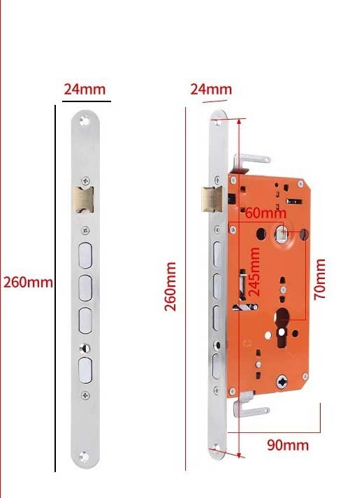 Корпус врізного замка 260×24 мм, один отвір (з гачком / без гачка)