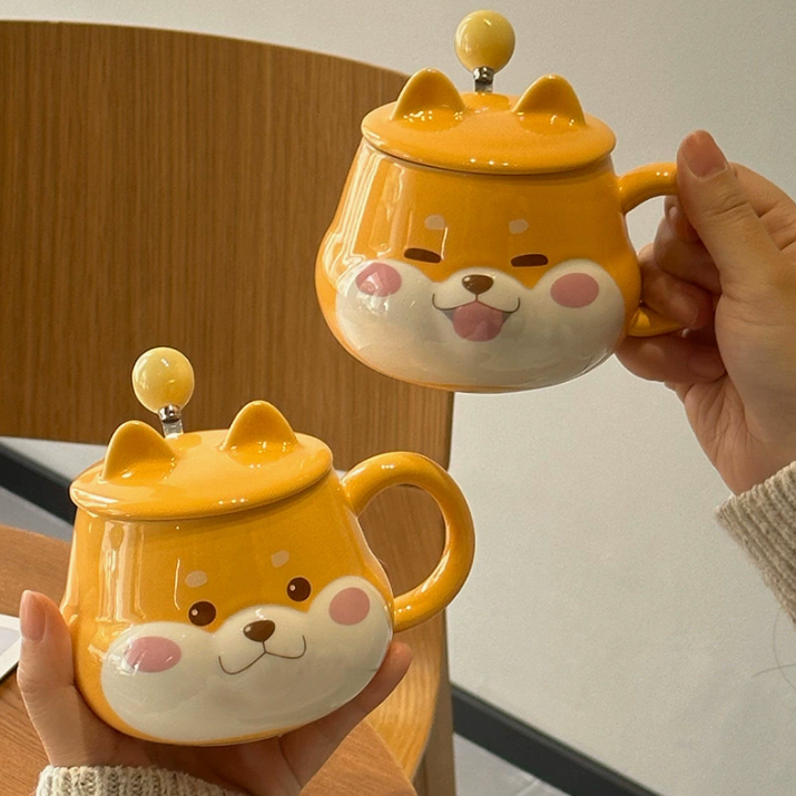 Керамічна кружка Shiba Inu з кришкою та ложкою — мила подарункова чашка