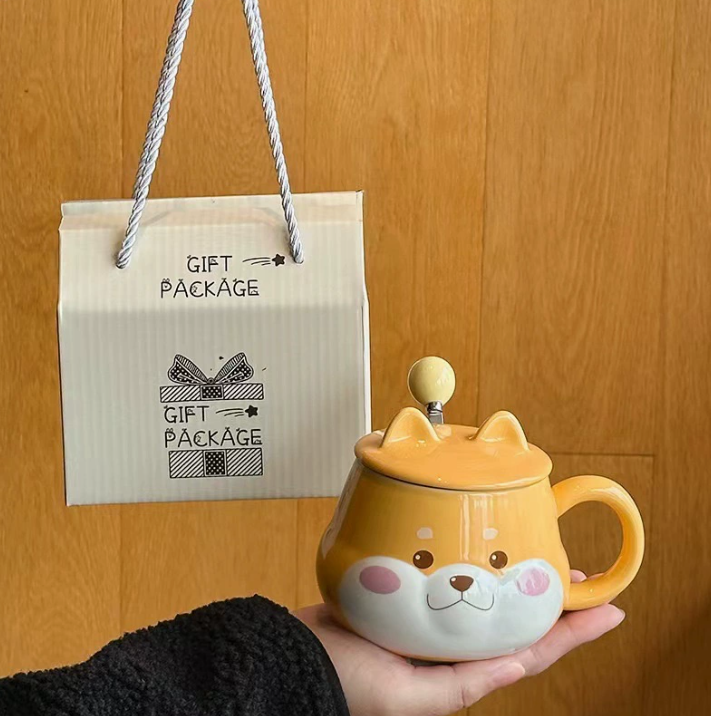 Керамічна кружка Shiba Inu з кришкою та ложкою в подарунковій упаковці