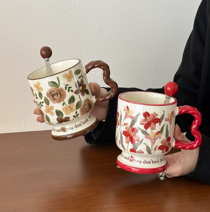 Керамічна кружка з ложкою «Квітковий стиль» 380 мл