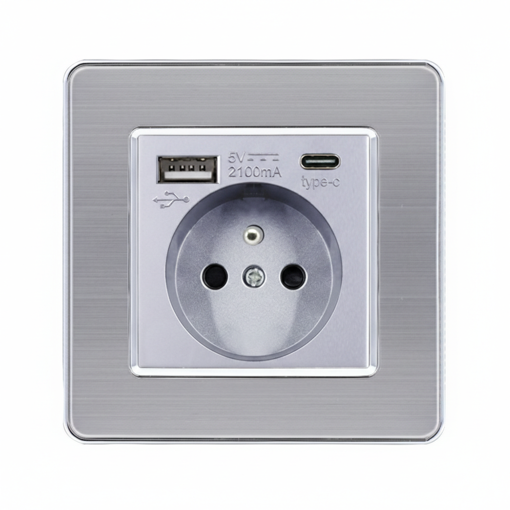 Розетка з USB-A + Type-C EIOMR, сіра матова, європейський стандарт, 16A